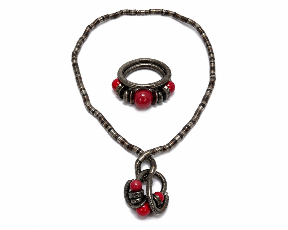 Modern Statement Coil Necklace Bracelet Set Gunmetal Red Bead Flexible Jewelry